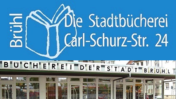 Logo und Außenfassade der Stadtbücherei Brühl