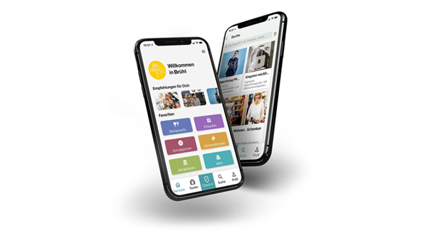 Zwei Handys, auf welchen die HIERO Brühl App geöffnet ist