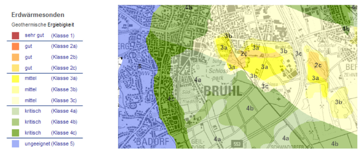 Geothermiepotenzial in Brühl bei 40m Sondentiefe