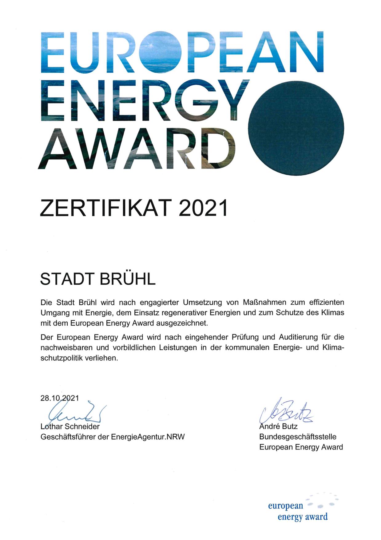 Zertifikat über Verleihung des eea 2021