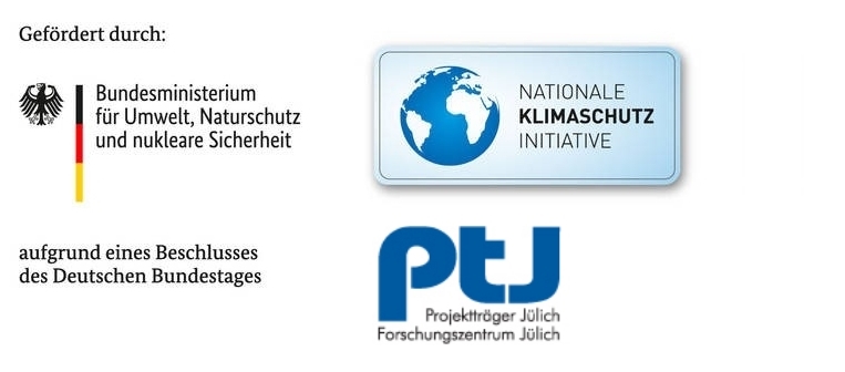 Logo Bundesministerium für Umwelt, Naturschutz und nukleare Sicherheit, Logo Nationale Klimaschutz Initiative und Logo Forschungszentrum Jülich