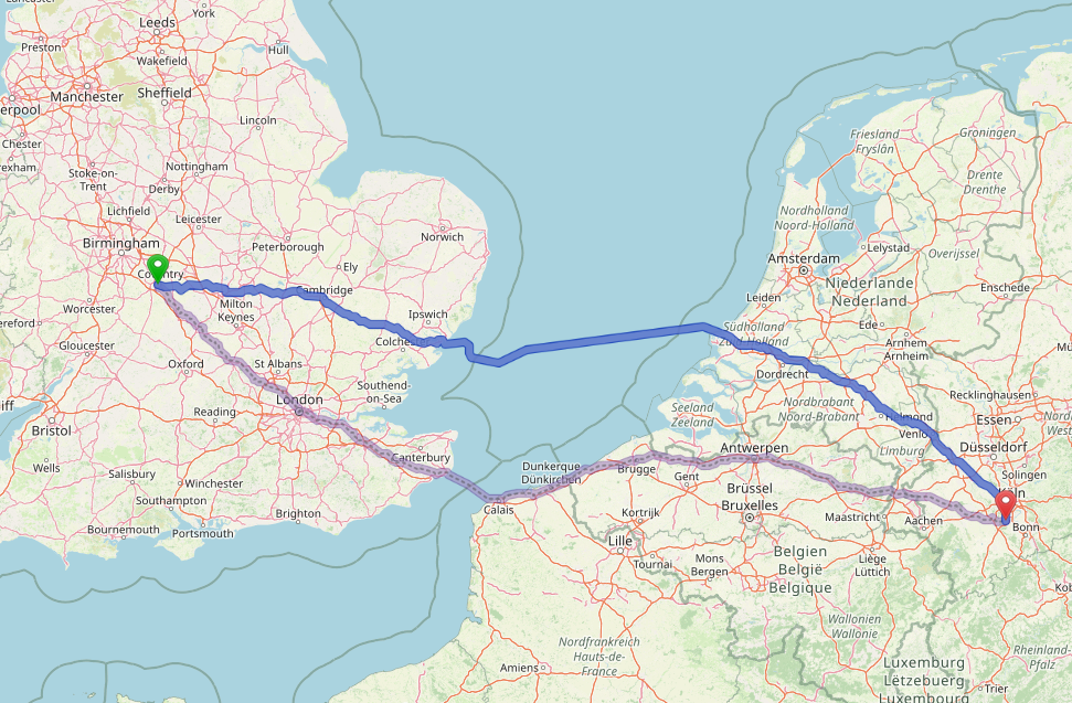 Karte zur geografischen Lage von Royal Leamington Spa und Brühl (c) Open Street Map